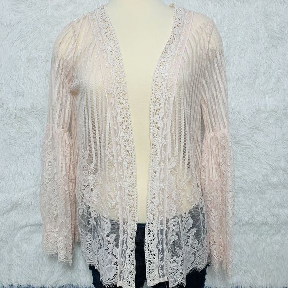Xhilaration Pink Lace Open Cardigan Bell Sleeve XS - Picture 8 of 15